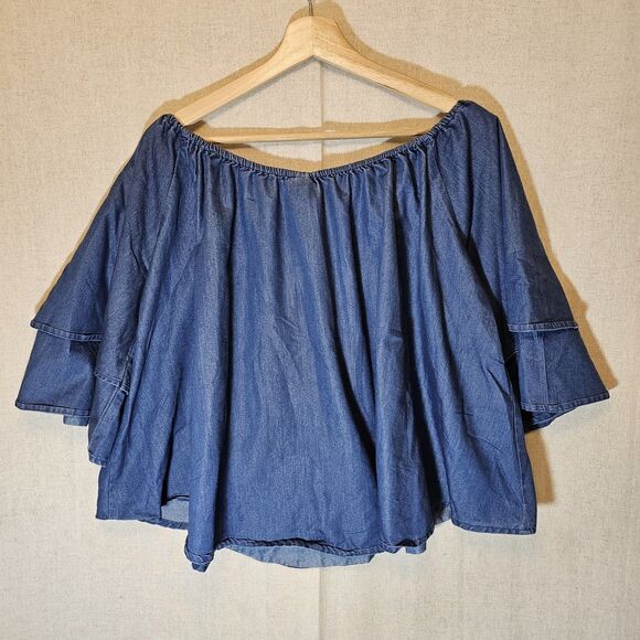 Advance Apparels Free Size Denim Chambray Flowy Top Elastic Neck Bell Sleeves - Picture 4 of 7